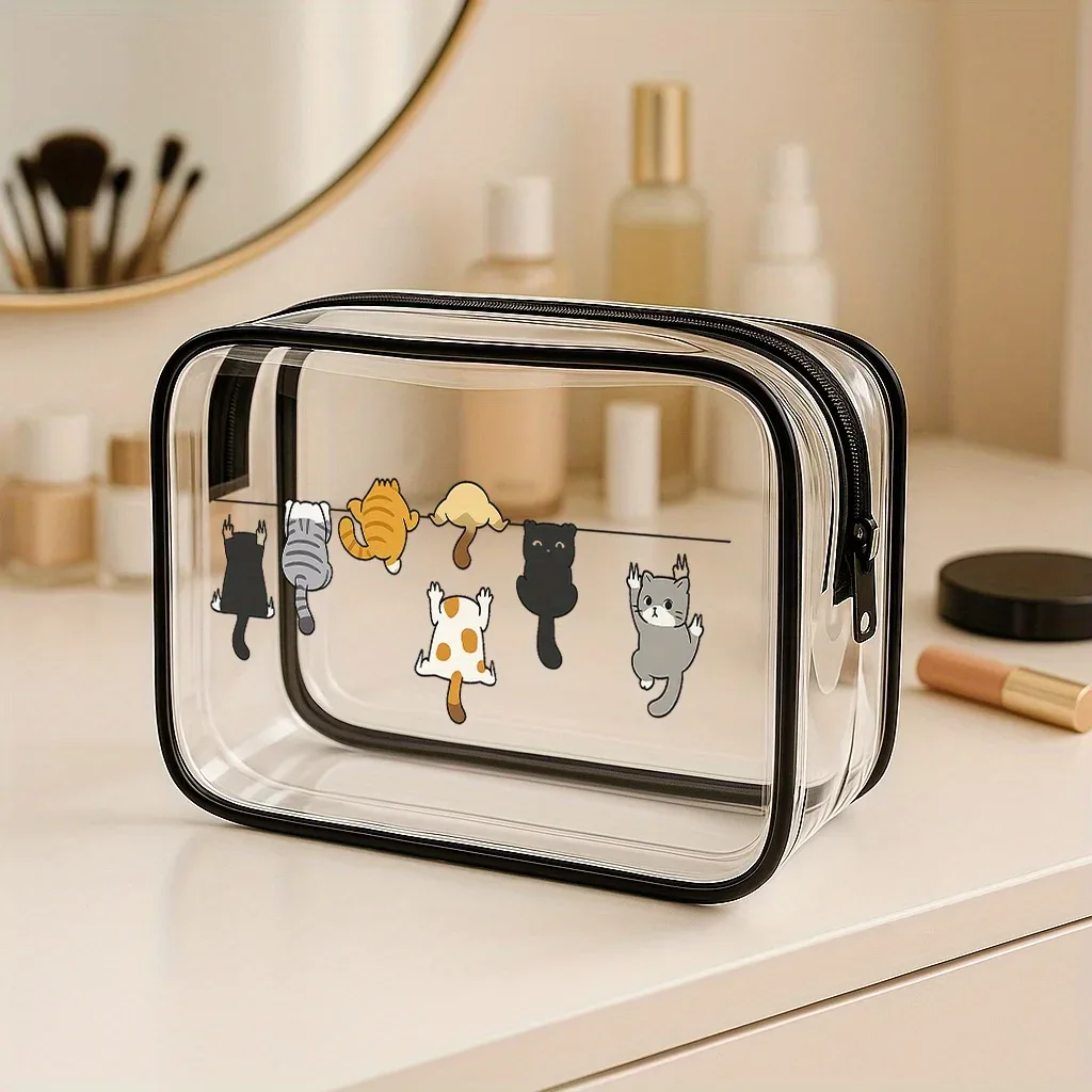 pochette de maquillage et organiseur de toilette portable en pvc transparent motif chat de dessin animé