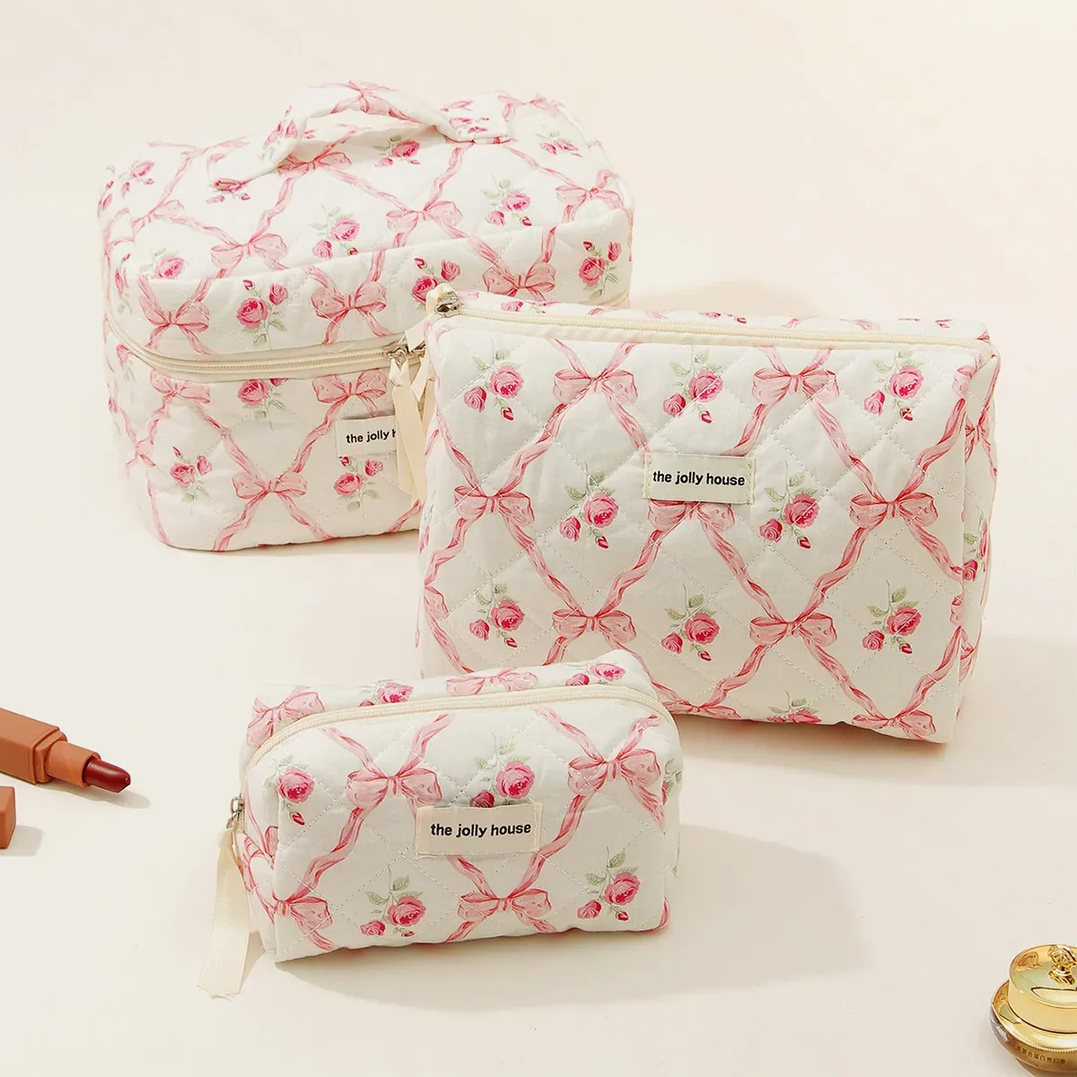 trousse de maquillage matelassurera en coton pour femme, trousse de toilette portable pour fille, sac à main à fermeture éclair pour femme, trousse cosmétique, évaluation, gril, 3 pièces