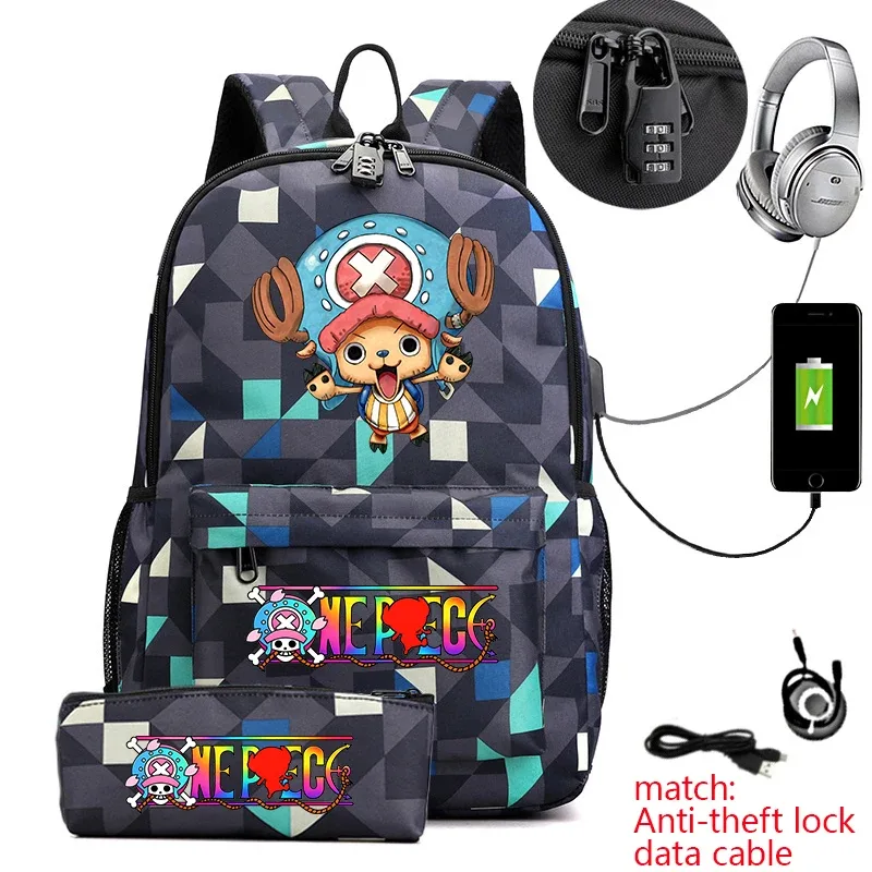 sac à dos antivol pour étudiants avec imprimé tony chopper, avec trousse à crayons, sac à dos décontracté pour garçons, filles et adolescents