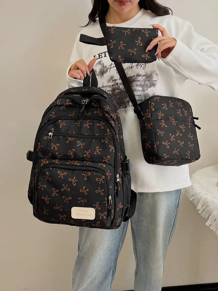 ensemble de 3 sacs à dos mignons avec nœuds, grand sac à dos scolaire, sac à dos de voyage décontracté polyvalent, sac bandoulière pour filles