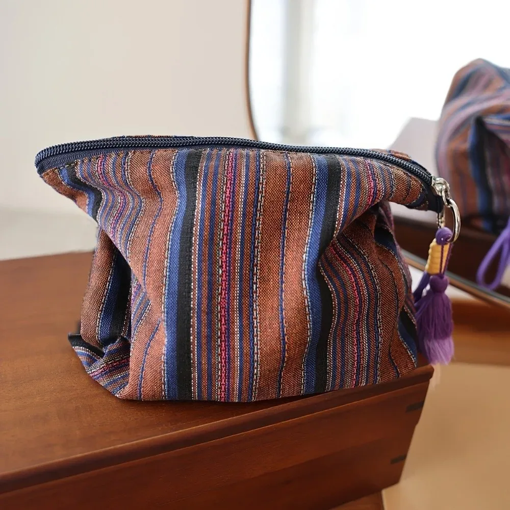 pochette de maquillage ethnique colorée à rayures avec fermeture éclair, sac de rangement de voyage, pendentif à franges, grande capacité, pochette de toilette