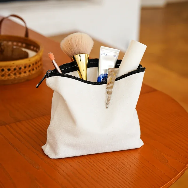 sac à cosmétiques blanc pur pour femmes, sac de rangement portable pour cosmétiques, rouge à lèvres, sac en toile monocouche à fermeture éclair, trousse de toilette de banlieue