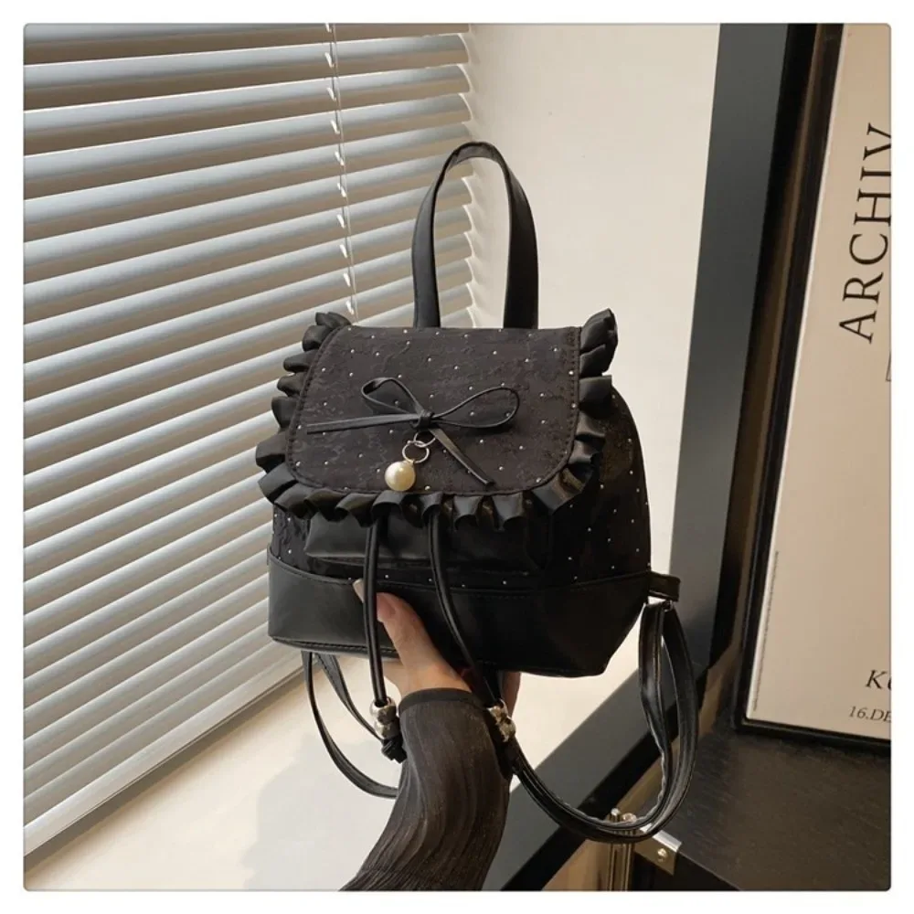 Sac à dos mini léger à nœud papillon et dentelle tendance, motif pois, petit sac à livres pour femme