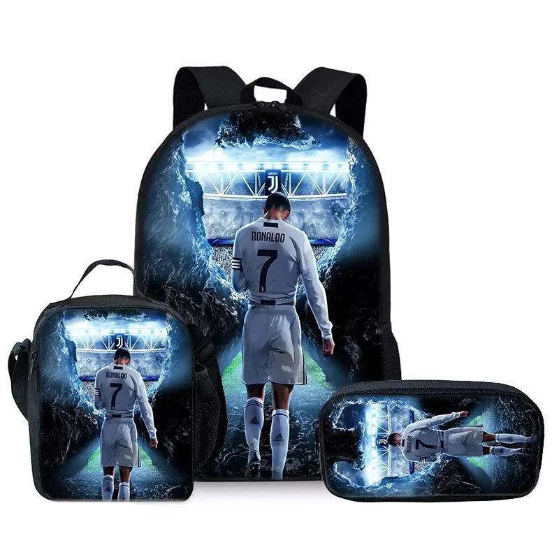 joueur de football cr7 ensemble de trois pièces sacs à dos pour garçon et filles meilleurs cadeaux sac à dos d'école de dessin animé 3d pour les enfants