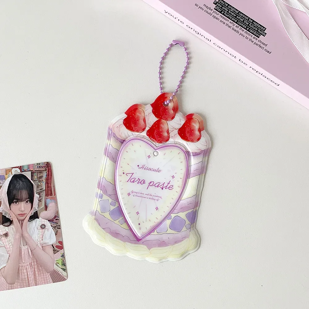 porte-cartes kpop 3 pouces, motif gâteau fraise mignon, protège-cartes cœur, pendentif sac portable, décor sac à dos, porte-clés, étui pour cartes
