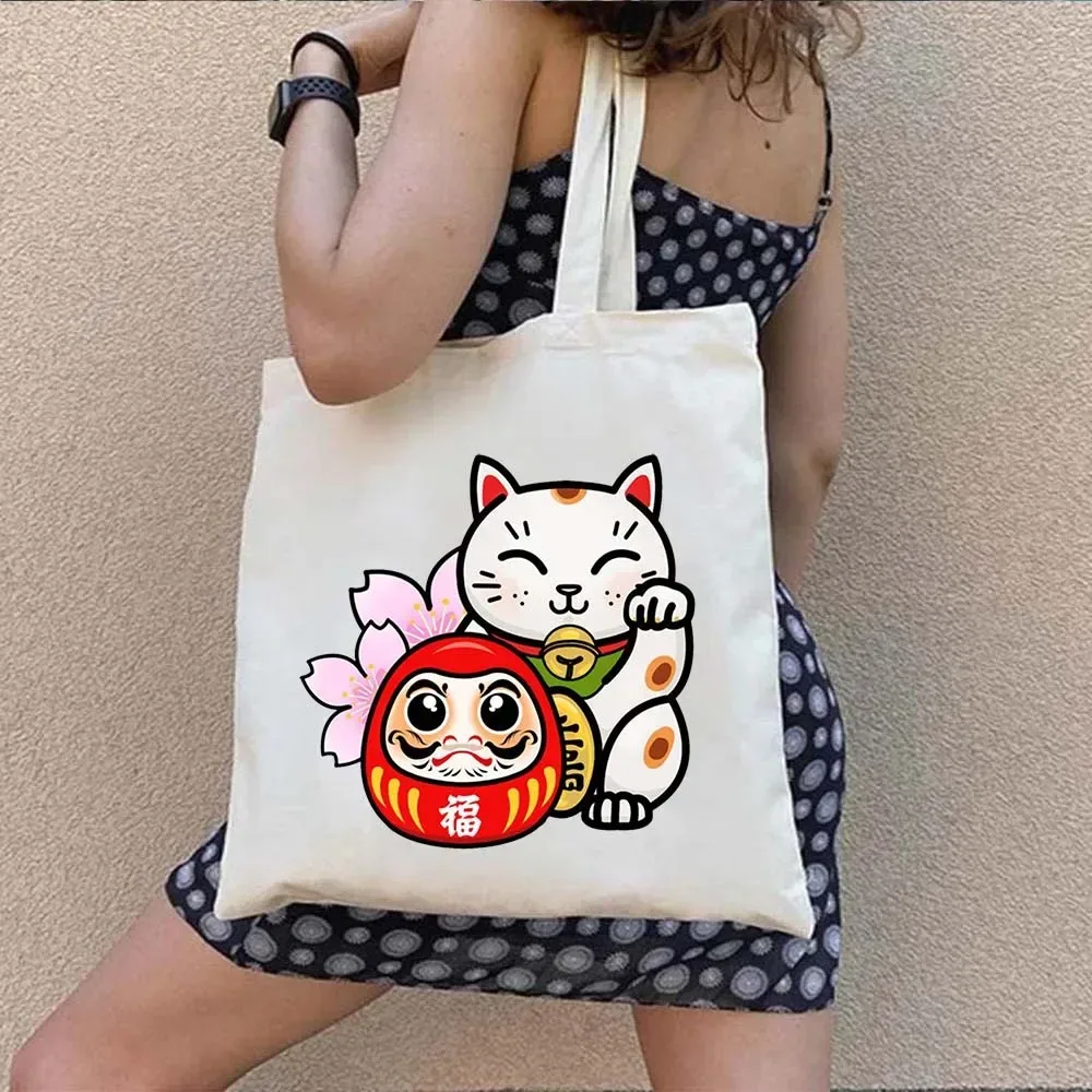 sac fourre-tout en toile à bandoulière pour le shopping, motif maneki neko, chat porte-bonheur japonais mignon, style mont fuji, style japonais, geisha de kyoto, tokyo japon