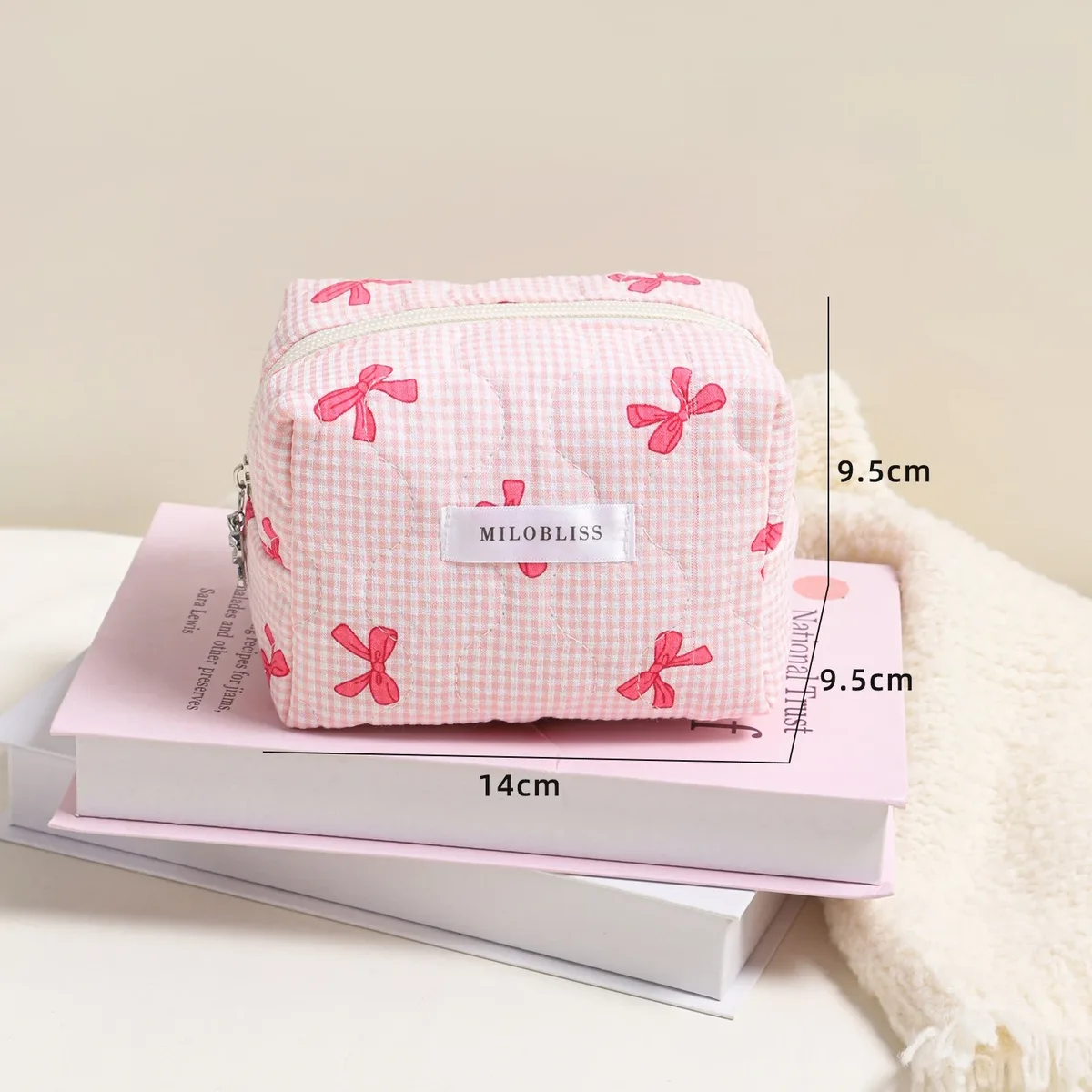 pochette de maquillage matelassée mignonne avec nœud cerise, étui à rouge à lèvres portable, organiseur de voyage pour câbles, écouteurs et chargeurs