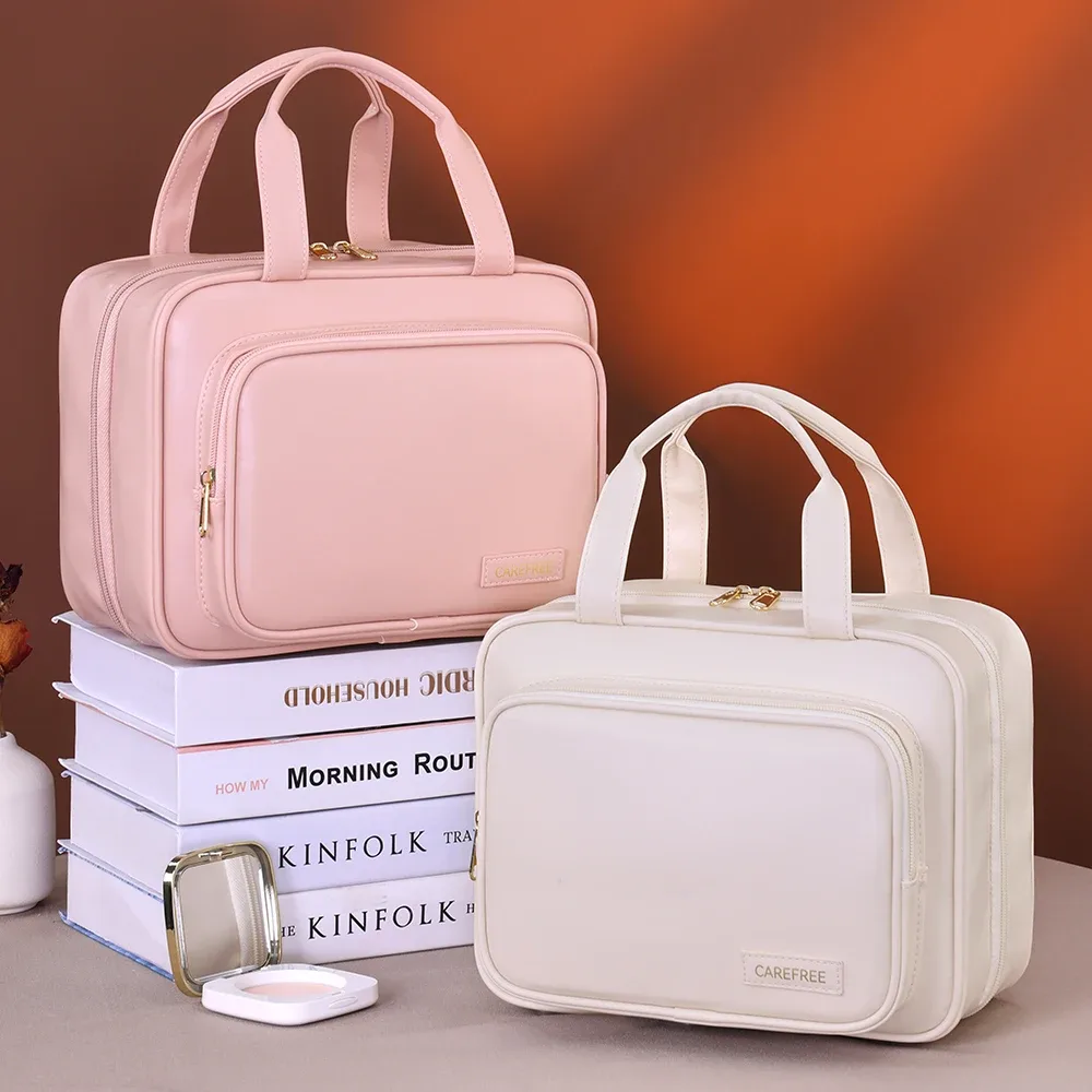sac à cosmétiques de grande capacité, organisateur de produits de toilette de maquillage, pochette de toilette de voyage portable en cuir pu, sac de rangement de cosmétiques pour femmes