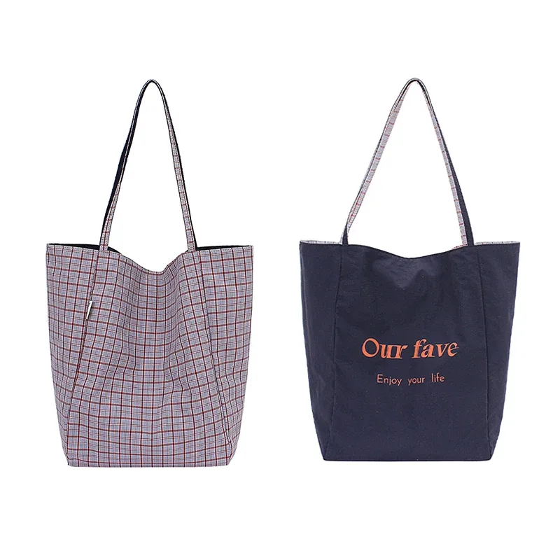 sac en toile à carreaux double face, multicolore, grande capacité, sac fourre-tout à bandoulière pour femmes, sac de shopping