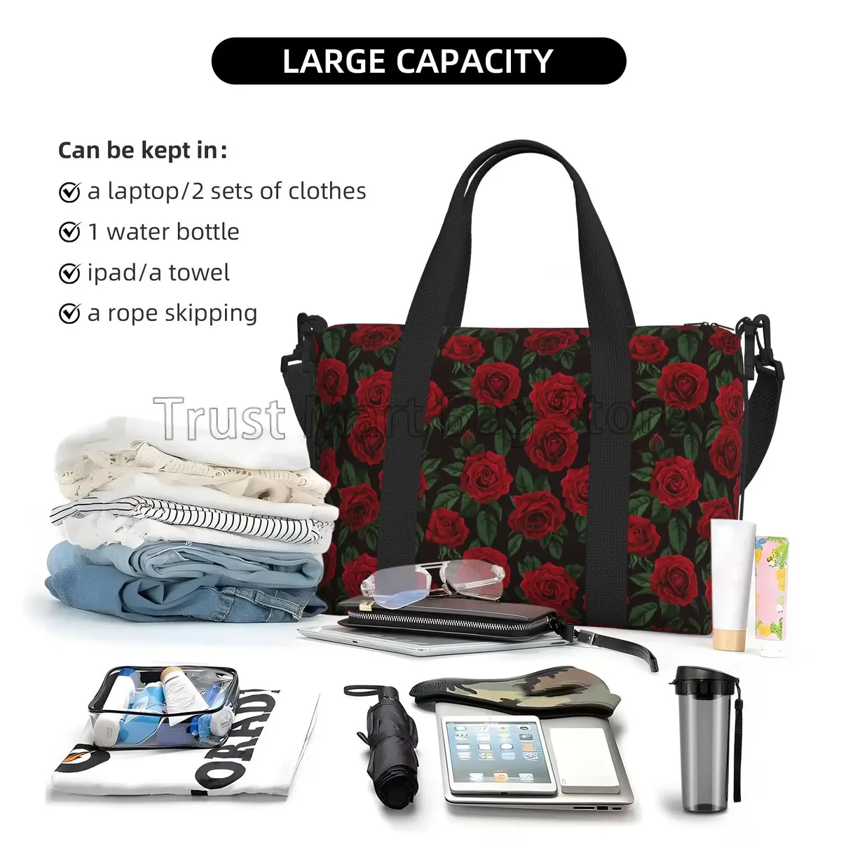 sacs de voyage à imprimé de roses rouges pour femmes, fourre-tout portable, étanche, idéal pour le week-end, la nuit, la salle de sport et la plage, 03/