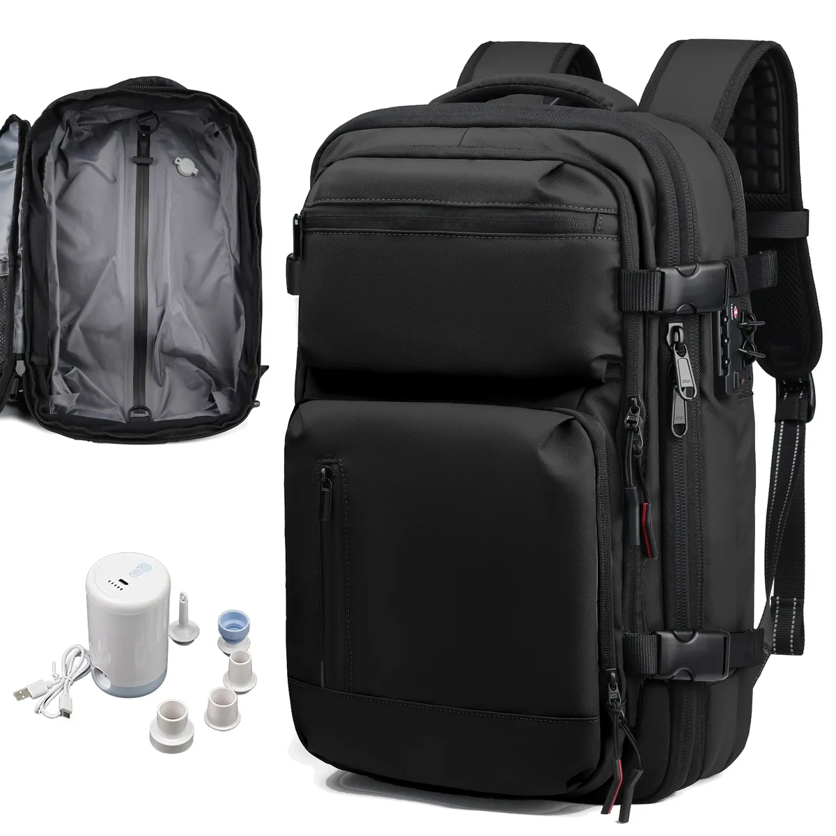 sac à dos de voyage 60l extensible avec système de compression d'air et serrure tsa, bagage cabine