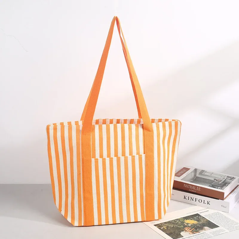 sac fourre-tout en toile rayé personnalisé avec logo imprimé, simple, grande capacité, portable, pour le shopping, avec texte et image diy