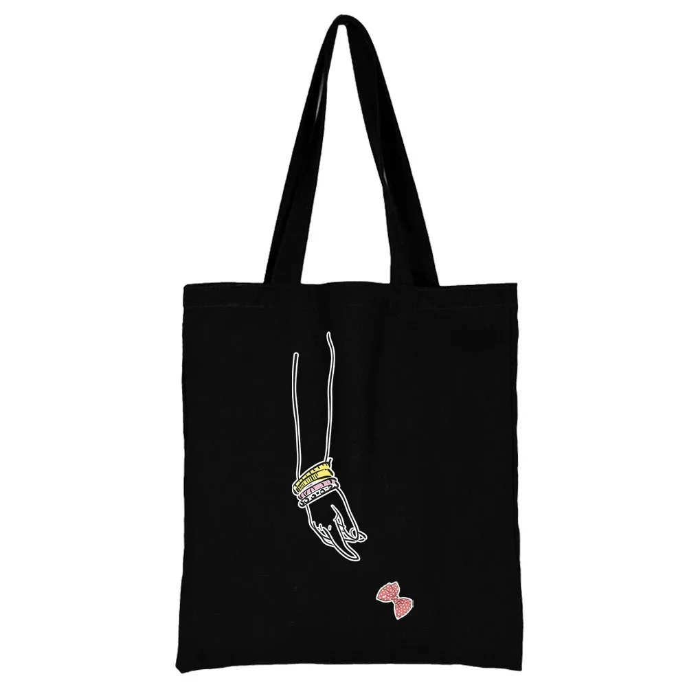sac de shopping en toile noire pour femmes, fourre-tout décontracté réutilisable, sac à bandoulière à motif blanc imprimé, sac à main pliable de grande capacité