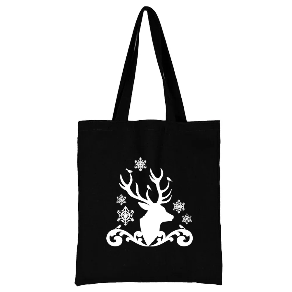 sac de shopping en toile noire pour femmes, fourre-tout décontracté réutilisable, sac à bandoulière à motif blanc imprimé, sac à main pliable de grande capacité