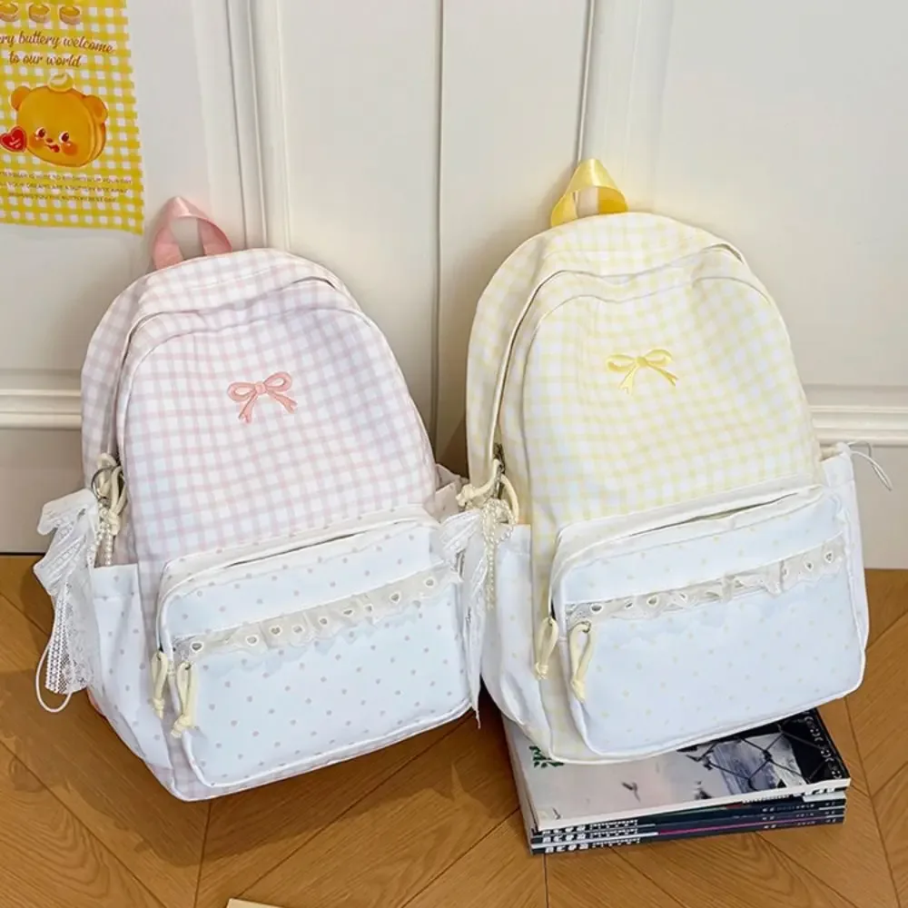 sac à dos mignon à pois avec nœud, design minimaliste, grande capacité, garniture en dentelle, pour les trajets quotidiens