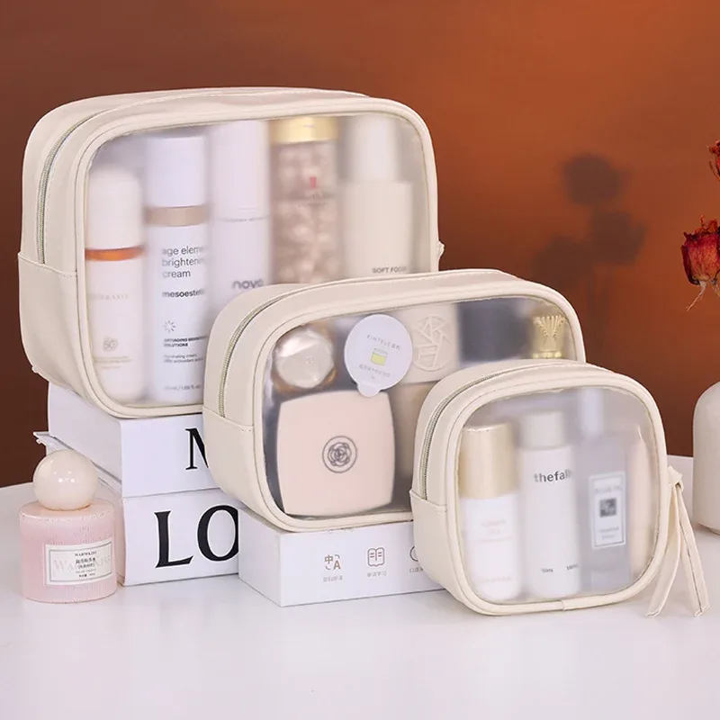 sac à cosmétiques semi-transparent en pvc mat - organisateur de maquillage de luxe grande capacité, trousse de toilette de voyage pour femmes