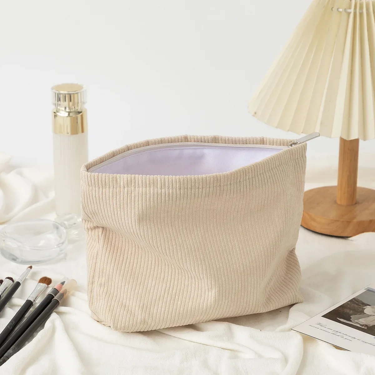 sac de voyage en velours côtelé, sac de rangement portable pour maquillage, porte-monnaie pour femmes, grande capacité, fermeture éclair, organiseur de maquillage, pochette de rangement