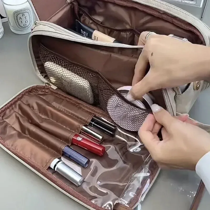 trousse de maquillage multifonctionnelle pour femme, cuir pu, grande capacité, portable, double fermeture éclair, voyage, brosse à maquillage, rangement d'articles de toilette