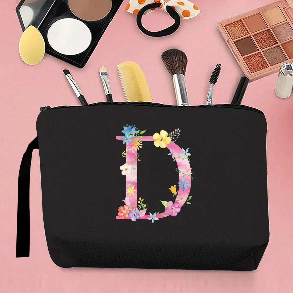 trousse de maquillage pour femmes, trousse de maquillage portable, trousse de maquillage de voyage pratique, sac à main en toile, motif de lettres roses, organisateur de bijoux