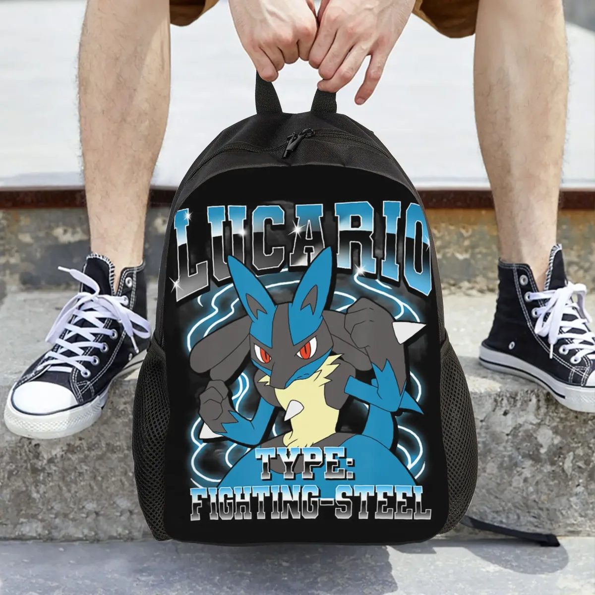 sacs à dos pokemon lucario type fighting steel poster daypack mochila office work sac à dos à fermeture éclair