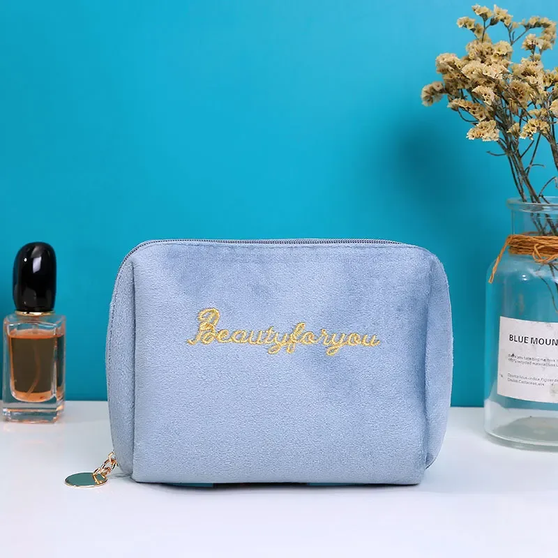 sac à cosmétiques pour femmes, fermeture éclair, lettre en velours brodée, pochette de maquillage solide pour cosmétiques, trousse de toilette, sacs de maquillage féminins