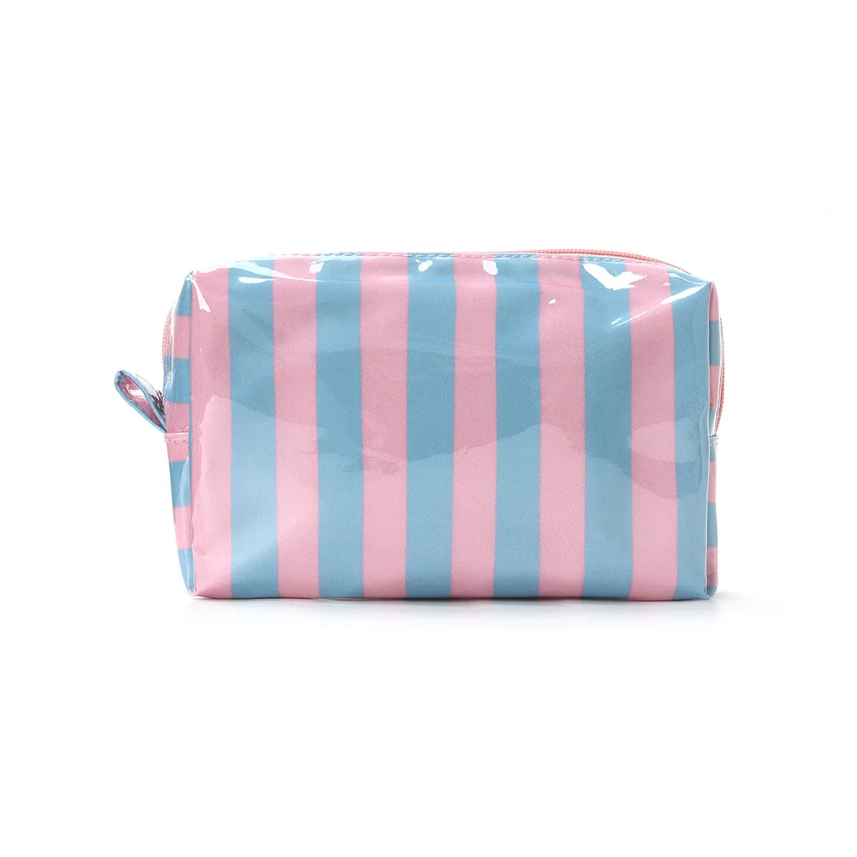 sac cosmétique rayé en pvc avec pompons et fermeture éclair, trousse de toilette de voyage imperméable avec organiseur de pinceaux de maquillage intégré.