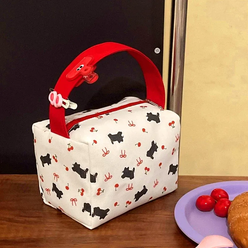 sac à cosmétiques portatif imprimé chat noir cerise, mignon, haute capacité, sac de rangement d'articles divers portables de voyage, sac de maquillage à la mode, cadeau
