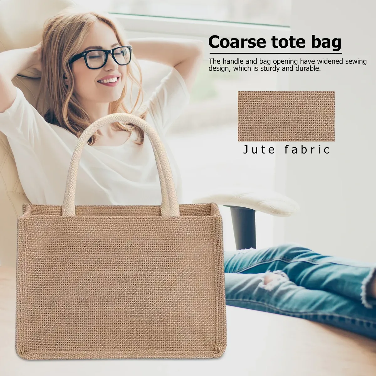 sacs fourre-tout en toile de jute vierge, sac à main de shopping de plage, sacs cadeaux vintage réutilisables avec poignée pour l'épicerie, artisanat, fêtes d'anniversaire