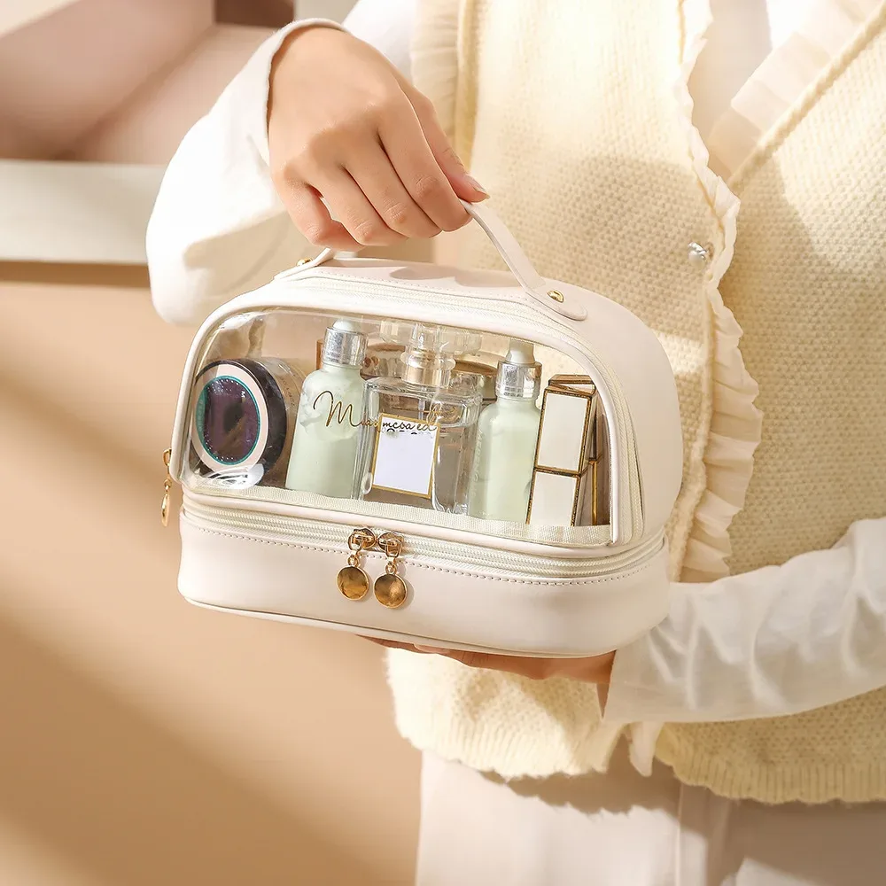 sac de maquillage lanterne lettre personnalisable, sac de rangement de voyage portable de grande capacité, trousse de toilette portable double couche en pu