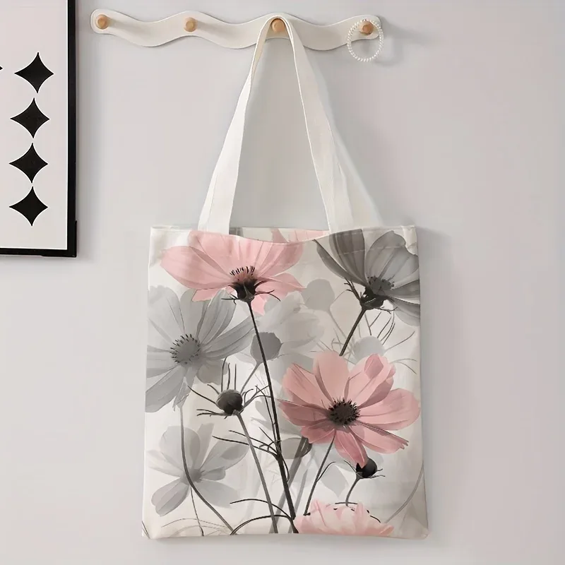 sac fourre-tout imprimé à motif de lettres florales, sac à bandoulière réutilisable à la mode, sac à main en polyester, sac de shopping léger et décontracté