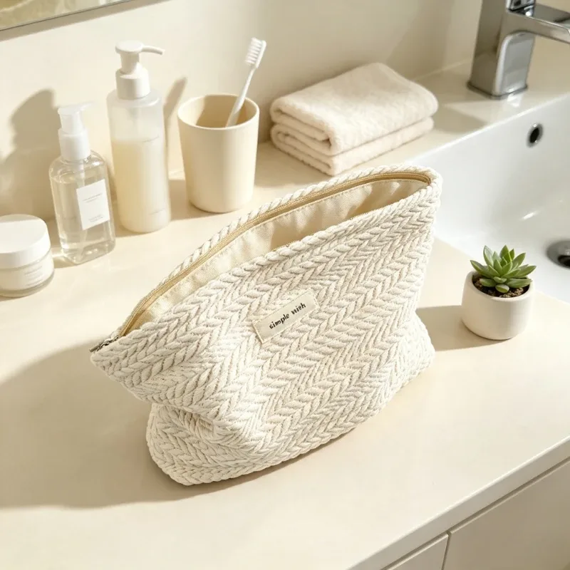 Pochette cosmétique tissée avec fermeture éclair - Motif grain de riz, trousse de maquillage portable, organiseur de rangement de voyage pour femmes, léger