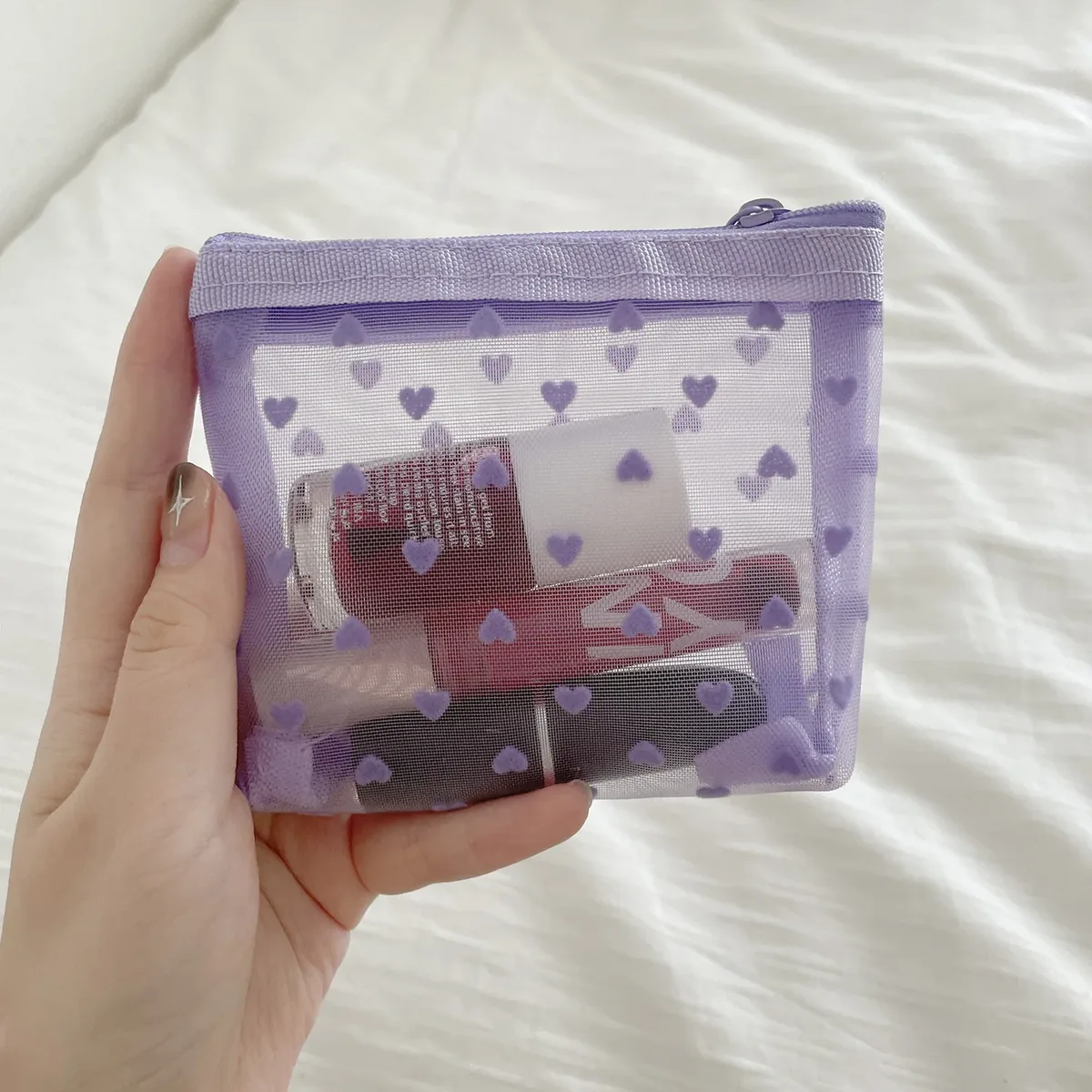 trousse de maquillage en maille de velours violet, trousses à cosmétiques, poudres de maquillage, sacs de rangement transparents, trousse d'évaluation de maquillage, trousse de toilette