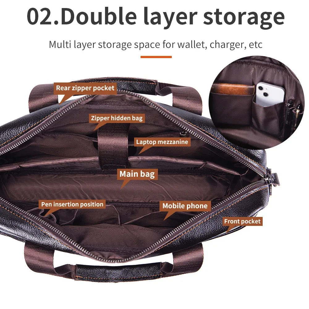 sacoche en cuir pour homme, grande capacité, sac de bureau professionnel, sac pour ordinateur en cuir de vache, peut être porté à la main ou à l'épaule.