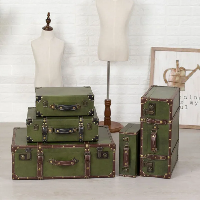 Coffre en cuir Vintage avec Accents en bois, mallette de rangement de voyage, boîte à bagages Antique pour décoration de maison, cadeau de mariage de luxe