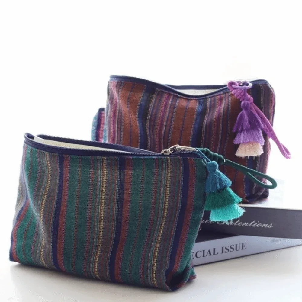 pochette de maquillage ethnique colorée à rayures avec fermeture éclair, sac de rangement de voyage, pendentif à franges, grande capacité, pochette de toilette