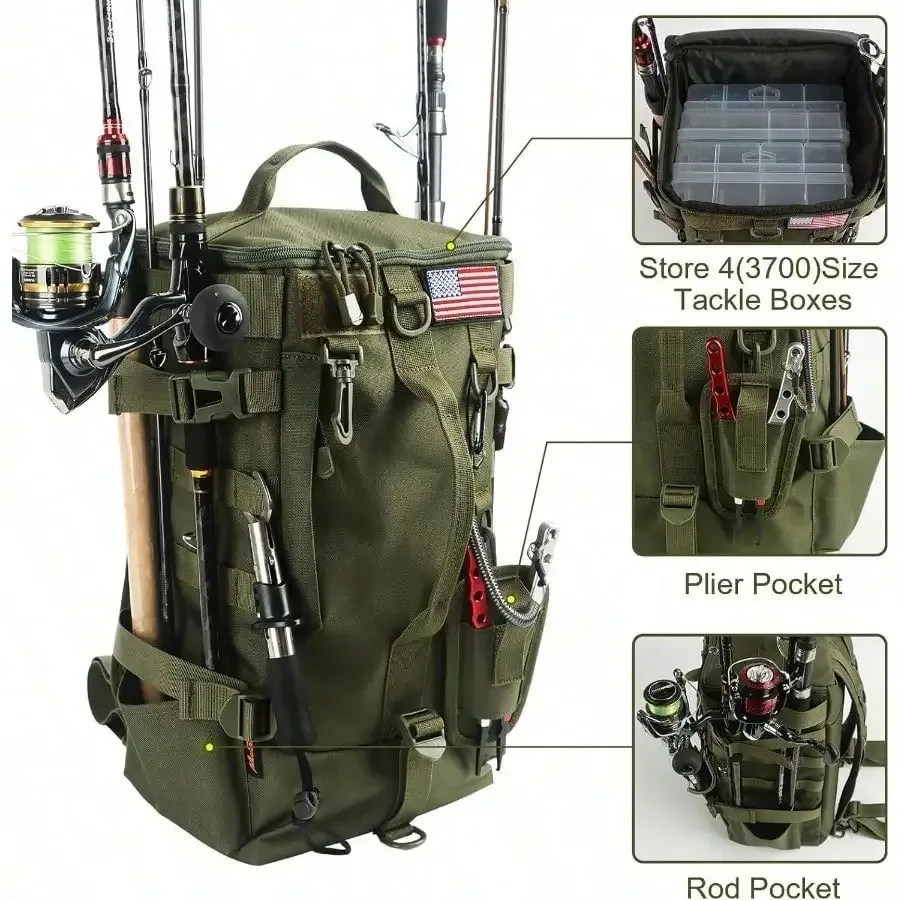 sac de matériel de pêche avec porte-canne, grand rangement, sac à dos de boîte de matériel pour transporter des matériel et des équipements de pêche, cadeaux pour hommes
