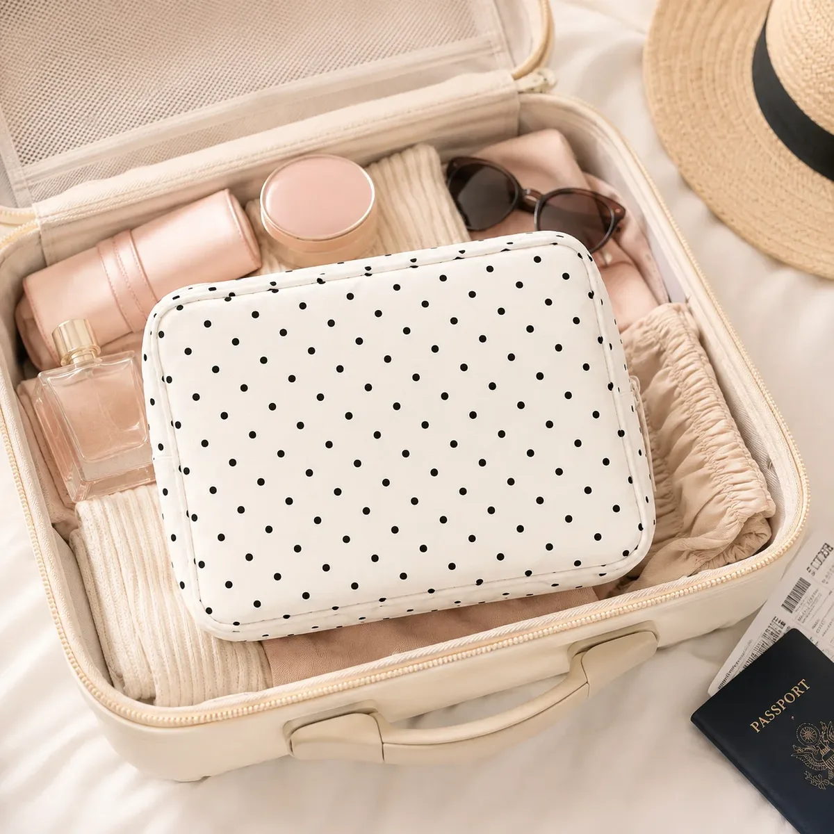 trousse de maquillage noire à pois, pochette portable grande capacité, organisateur de toilette pour femmes, essentiels de beauté quotidiens et de voyage