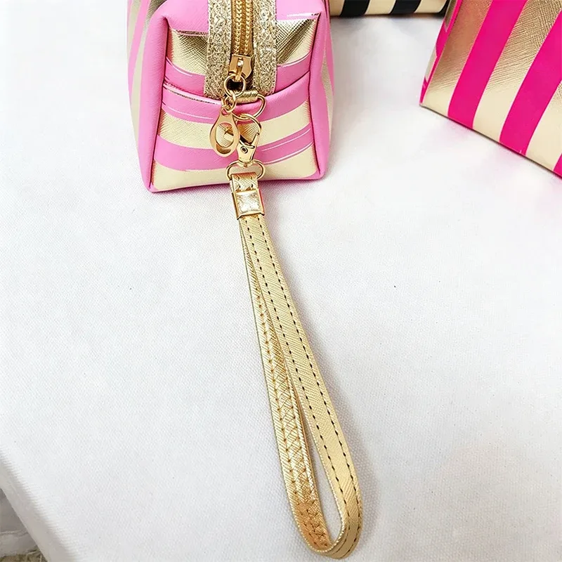 trousse de maquillage rayée imperméable en gros pour femmes, sac cosmétique de voyage avec organisateur de toilette transparent, pochette de plage à fermeture éclair