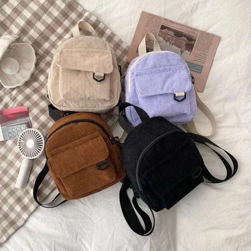 Mini sac à dos en velours côtelé, tendance, mignon, pour étudiants, maquillage et trajets quotidiens