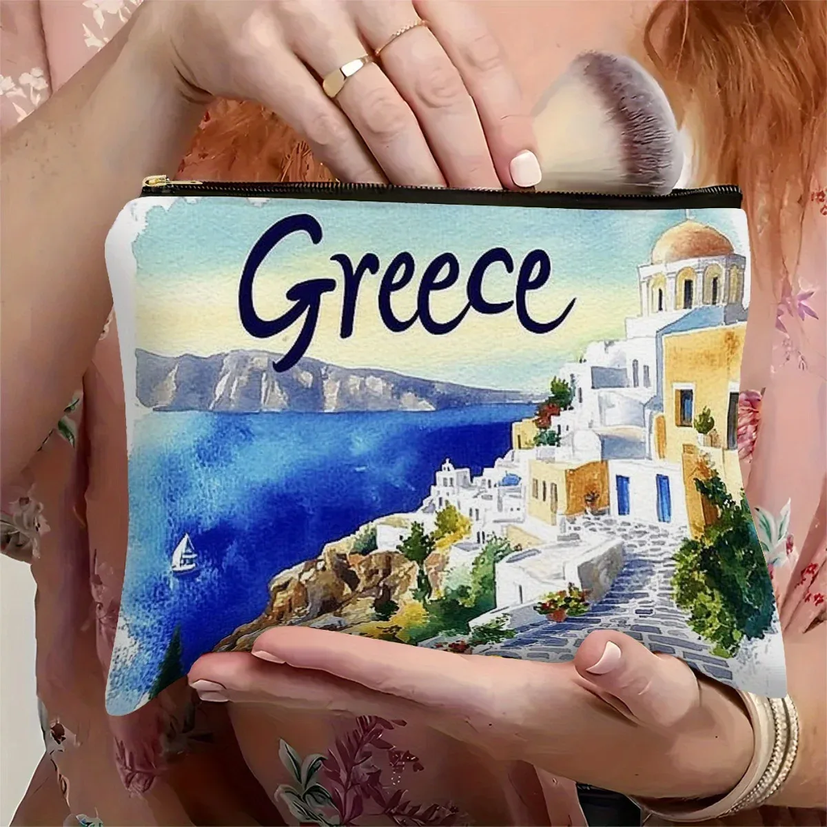 sac à cosmétiques aquarelle grèce bleu blanc jaune ville côtière & parthenon desig trousse de maquillage pochette de toilette de voyage en polyester