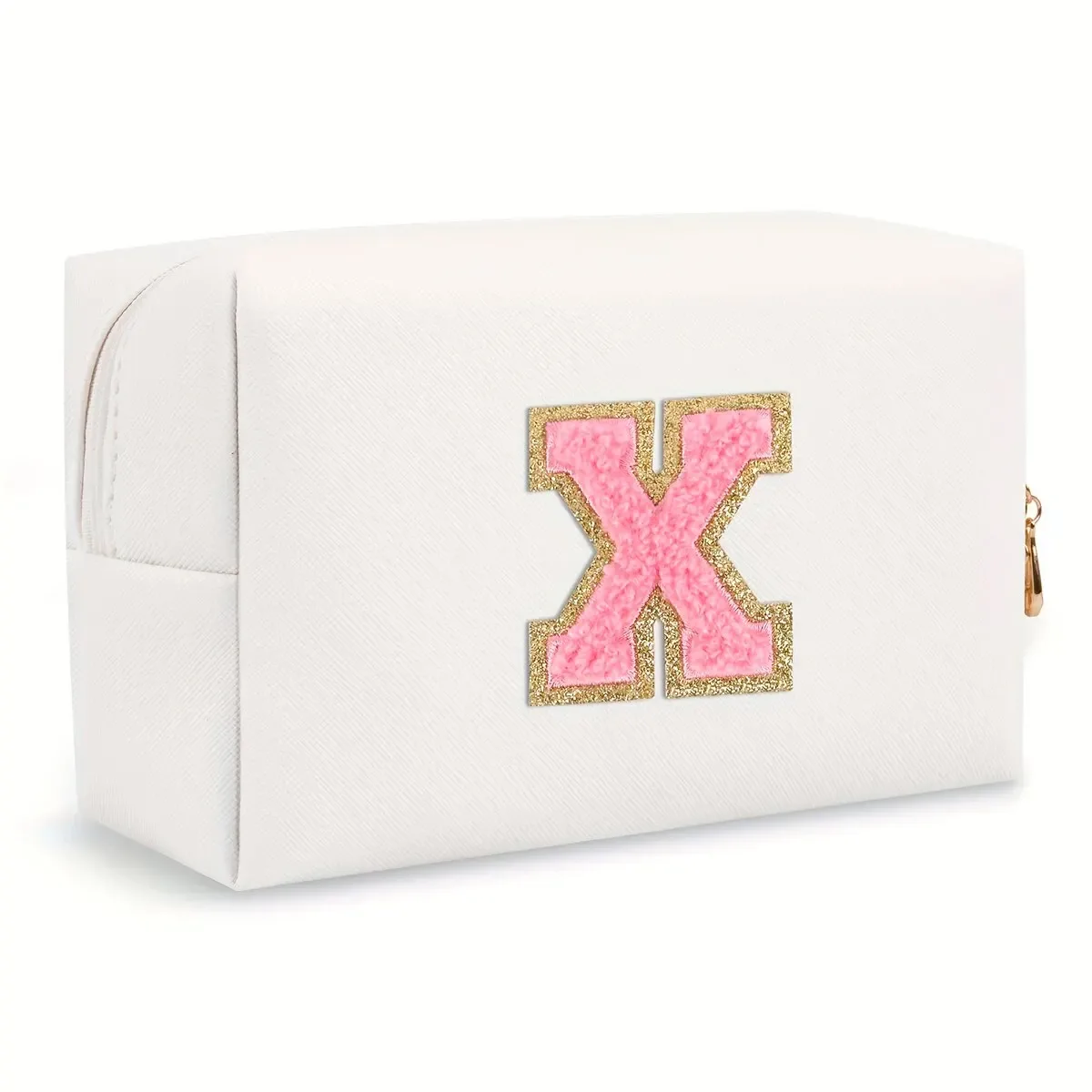 trousse de maquillage preppy pour femmes, trousse de toilette de voyage, sac à cosmétiques avec lettres en chenille, pochette étanche en cuir pu, joli organisateur à fermeture éclair-ll