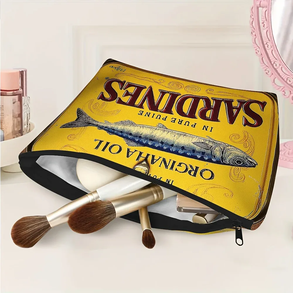 pochette de maquillage vintage au design d'étiquette de sardine, motif rétro boîte de conserve de sardine, fermeture éclair, grande capacité, organiseur adapté aux sardines