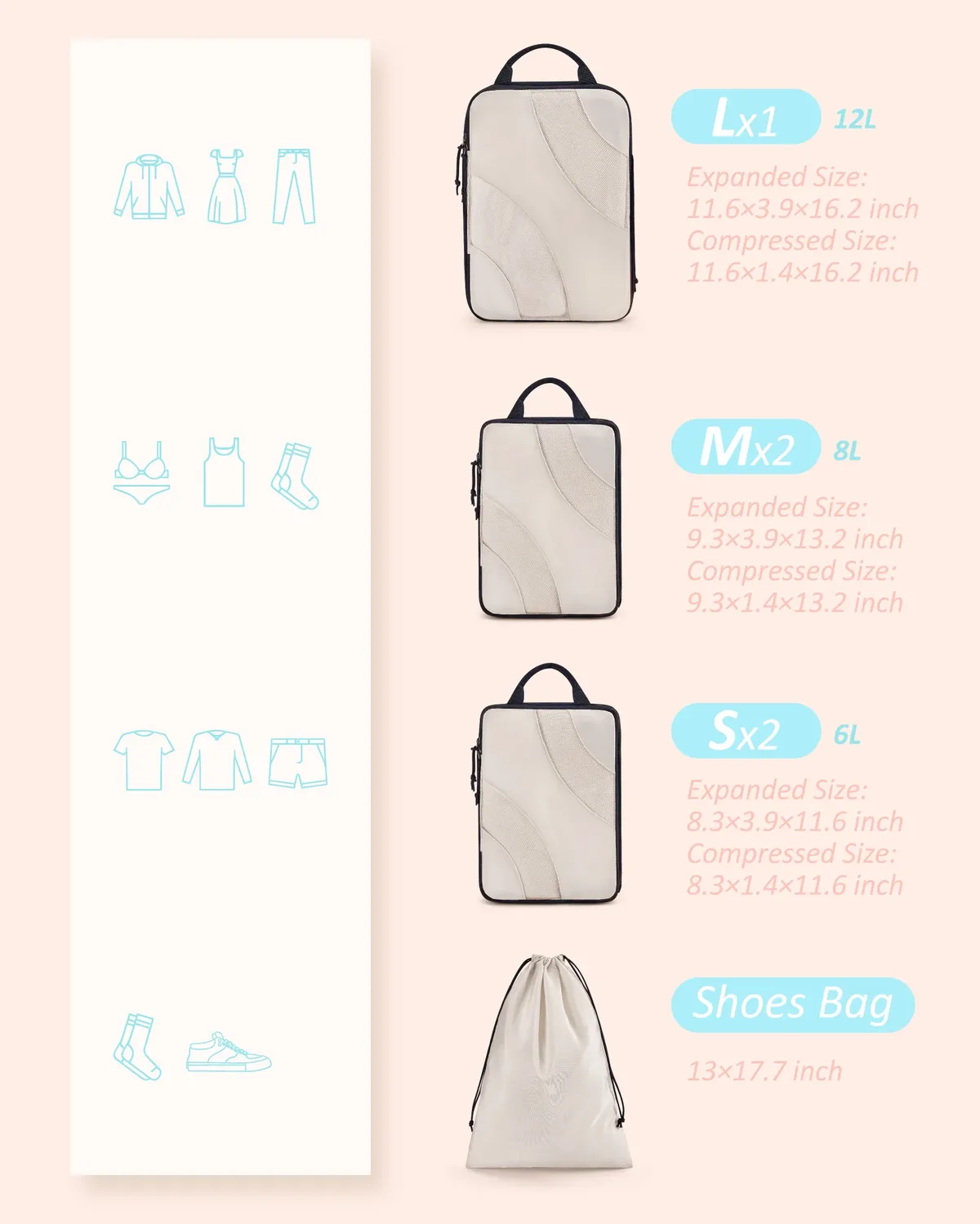bagsmart-cubes d'emballage de compression pour bagages, organisateurs de valise légers, ensemble de sacs de voyage, 6 ensembles