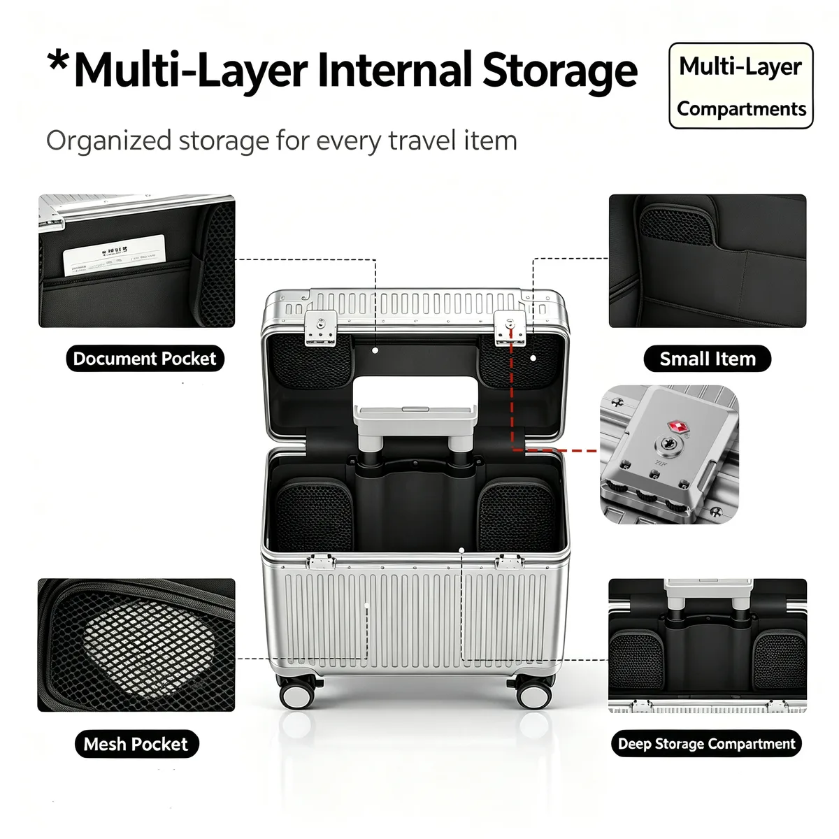valise à ouverture par le haut 18 pouces, bagage cabine de voyage à roulettes, coque rigide en pc avec cadre en alliage d'aluminium et serrure tsa