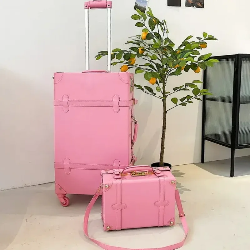 Valise à roulettes en cuir PU rétro pour filles, bagage à main, cabine rose, ensemble de bagages de voyage pour femme, 20 po, 2 pièces