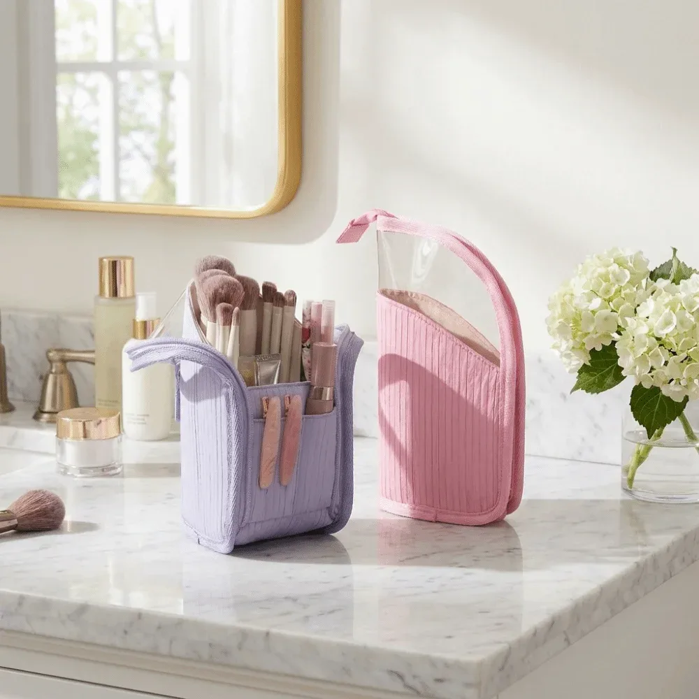 Grande trousse de toilette verticale grande capacité, étui portable pour pinceaux de maquillage, pochette de rangement de voyage étanche et autoportante
