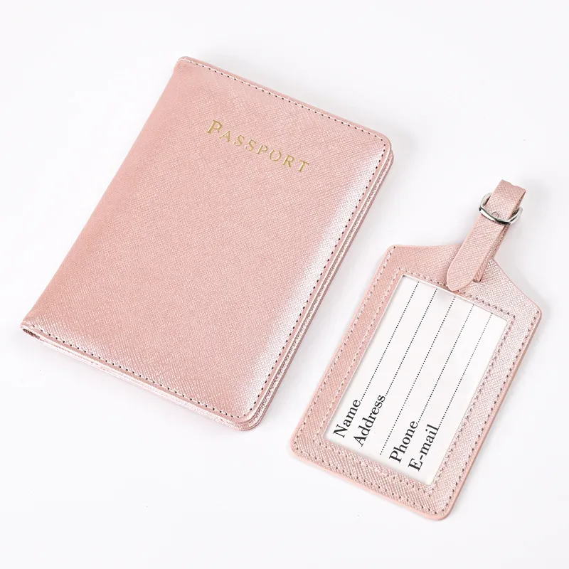 saffiano-ensemble d'étiquette de bagage en cuir pu, lettres personnalisées, couverture de passeport de voyage, porte-billet, accessoires de voyage à la mode