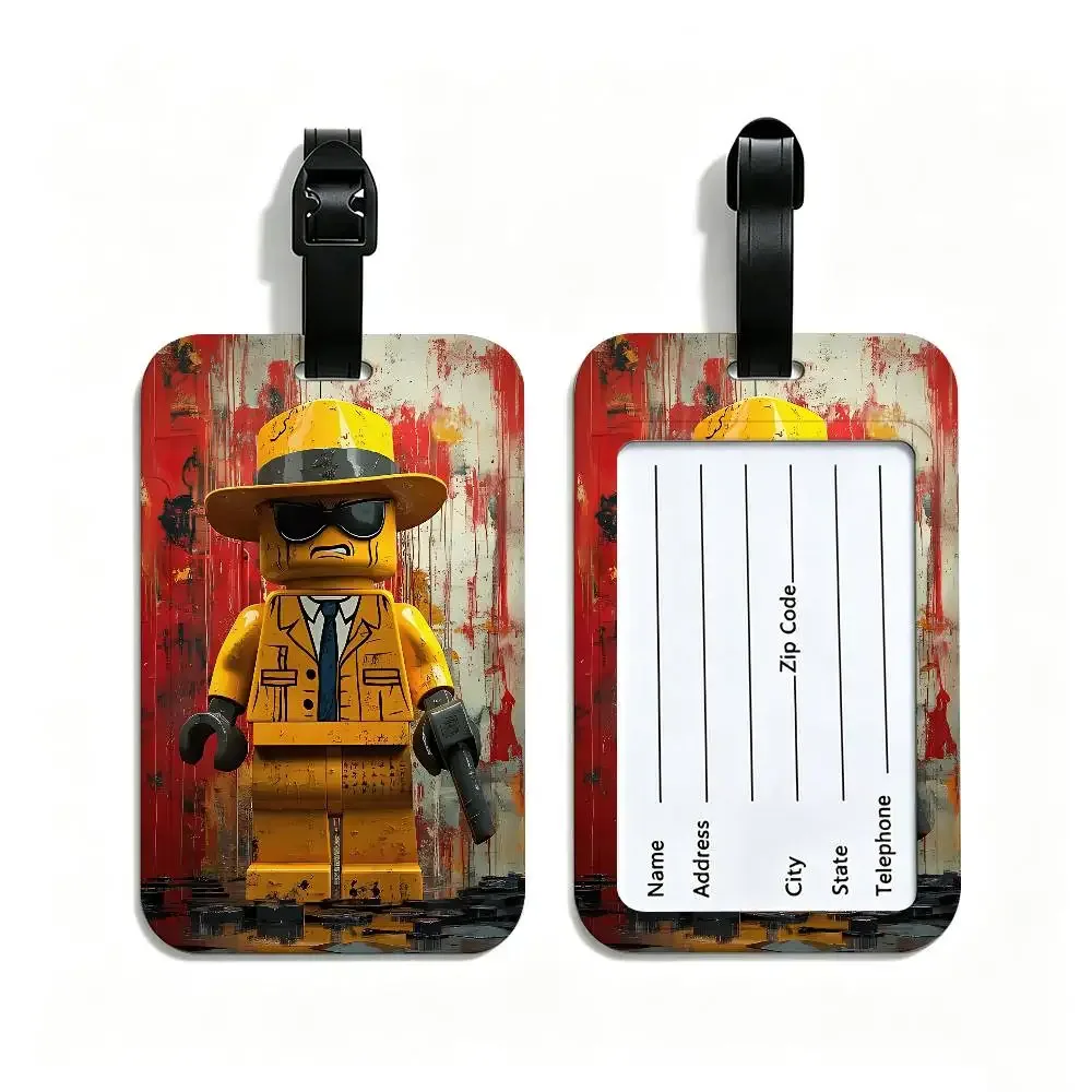 étiquette de valise en pvc anti-perte l-legos avec carte d'information, motif de dessins animés représentant diverses professions, identifiant de bagages léger pour les voyages quotidiens.