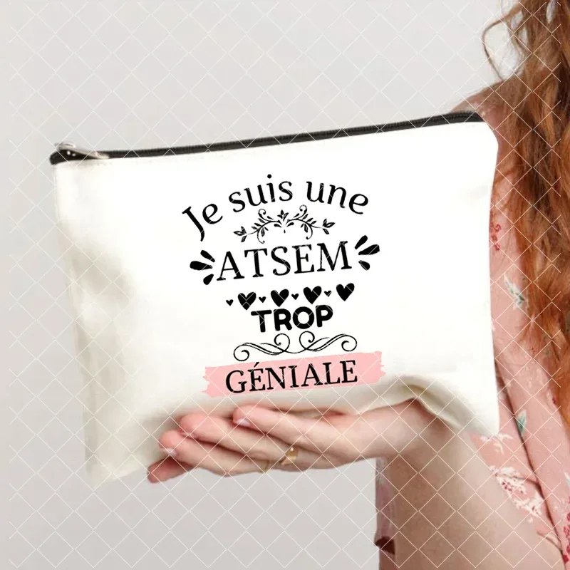 merci atsem – trousse de maquillage imprimée française, grande trousse à crayons, fournitures de papeterie scolaire, sac de rangement, pochette de lavage de voyage, cadeaux pour atsem