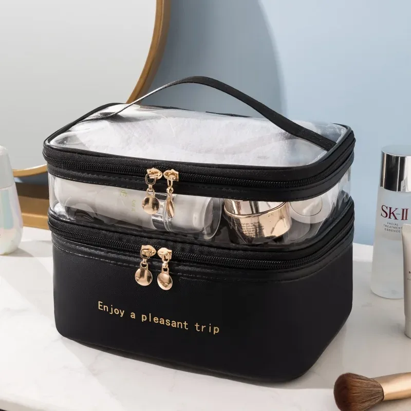 double trousse de maquillage, articles de toilette transparents en pu, portable, mode, étanche, voyage, sac de rangement de grande capacité